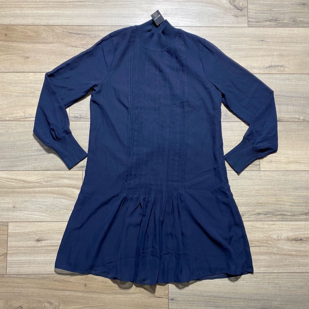Club Monaco Womens Pintuck‎ Rib Dress Size 8 Blue Relaxed Fit Mockneck